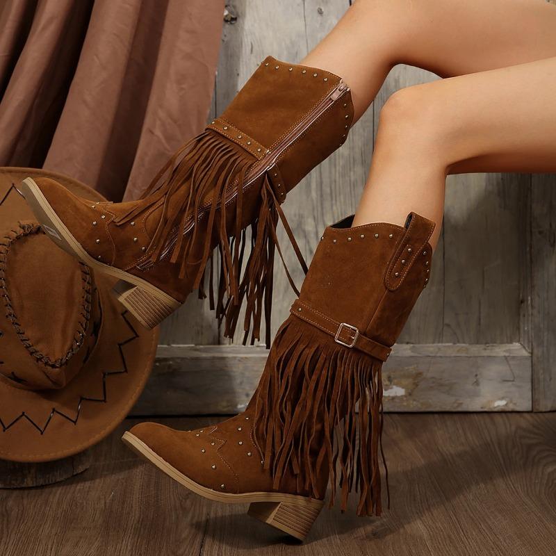 2025 Winter Women Fringes Thick Heel High Boots Suede Pointed Toe Outdoor Fashion Platform Shoes Willow Nails Pumps Women Shoes