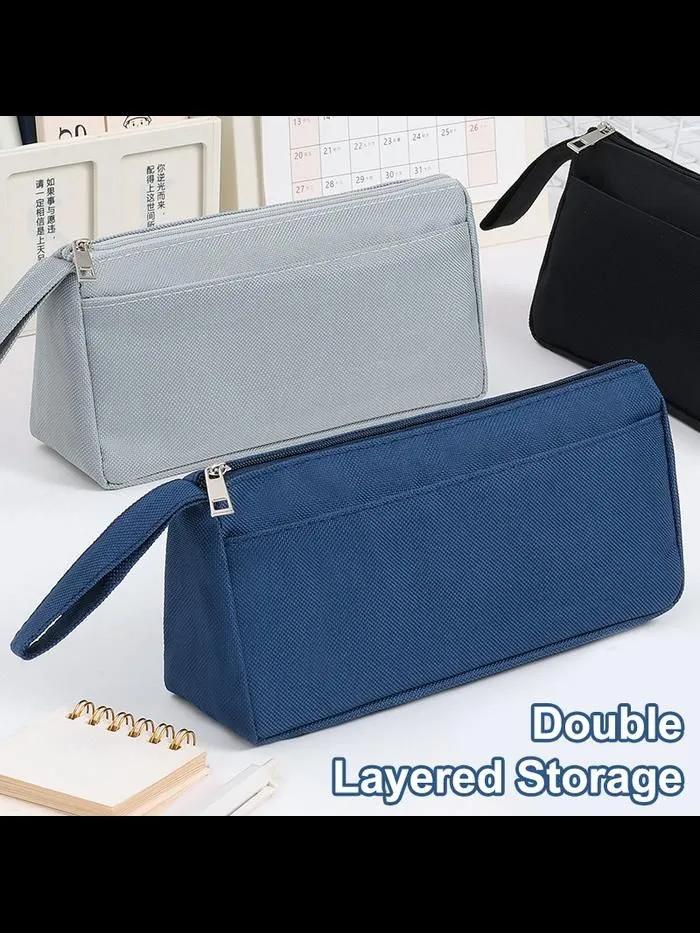 Stylish portable Oxford fabric case, simple two-layer, gift set for stationery.