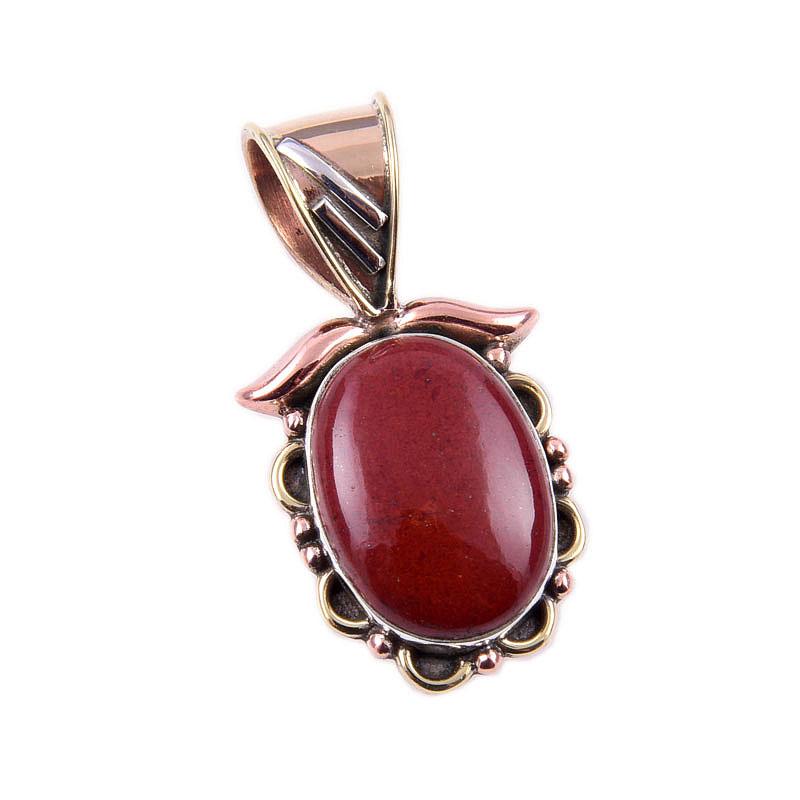 Natural Red Jasper Gemstone 925 Solid Sterling Silver TwoTone Pendant 1.25" P5d04