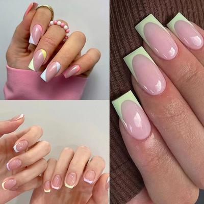 24pcs Detachable DIY Fake Nials Press On Nails Green Edge French Short Square False Nails Simple