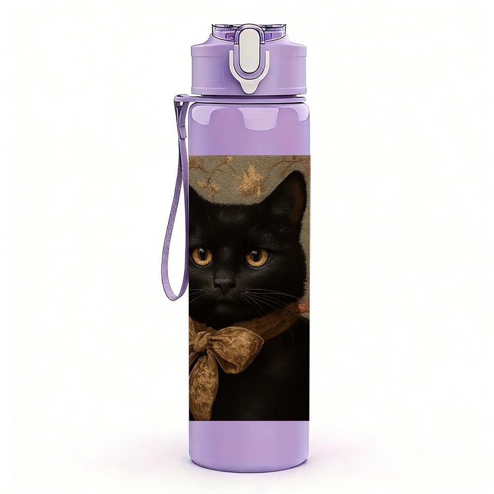 1PC Sleepy Black Cat Portrait 750ml Color Plastic Sports Water Bottle Leakproof Flip Straw Lid Suitable for Sports Office Home Use