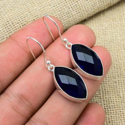 Boucles d'oreilles en argent sterling 925, bijoux anciens, fait main, saphir bleu, pierres précieuses créées en laboratoire, pour cadeau de fiançailles