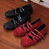 Red Bow Small Single Shoes Women's Spring and Summer Retro Shallow Rivet Double Cross Belt Ballet Flats