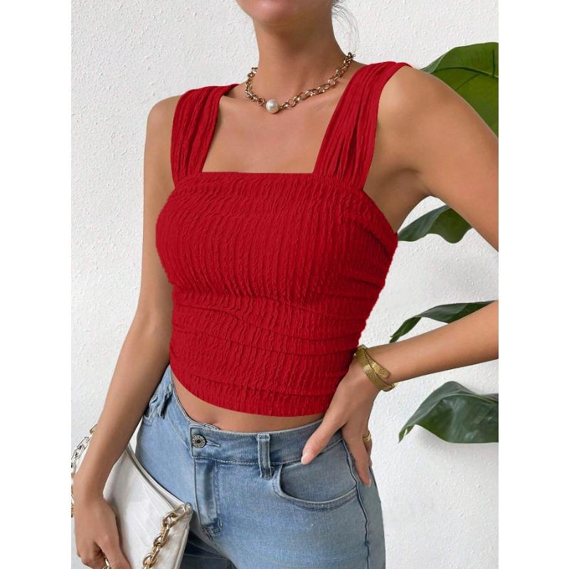 Women's Sleeveless Crop Top with Exposed Navel, Square Collar and Shoulder Strap Vest