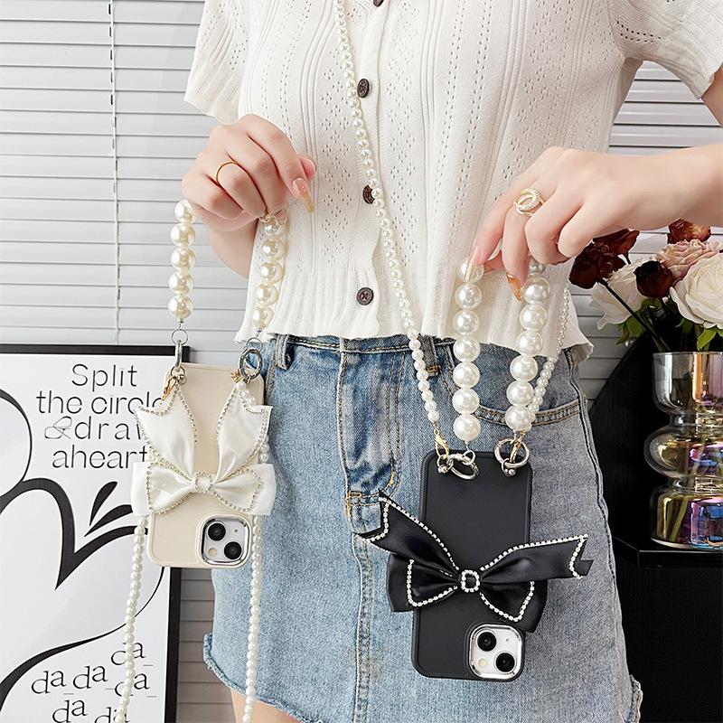 For Apple 16 Promax Solid Color Silicone Phone Case for IPhone 14 Bow 15 Pearl Hand Chain Cross Body
