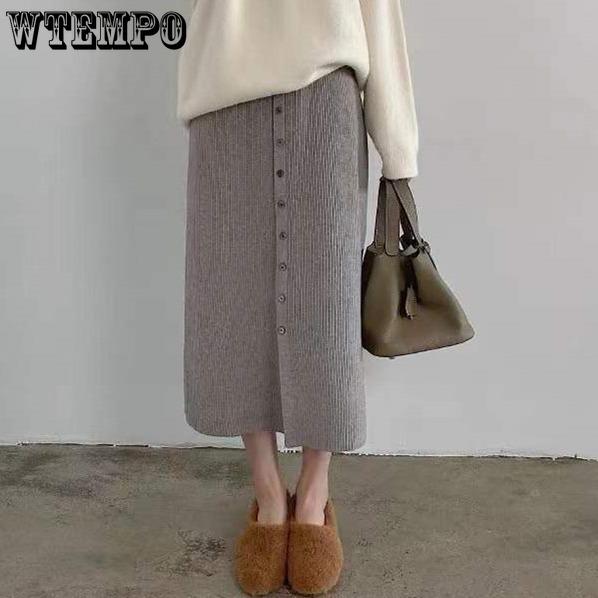 High Waisted Knitted Midi Skirt for Women Autumn New Style Front Slit Mid Length Loose Knitted Skirt