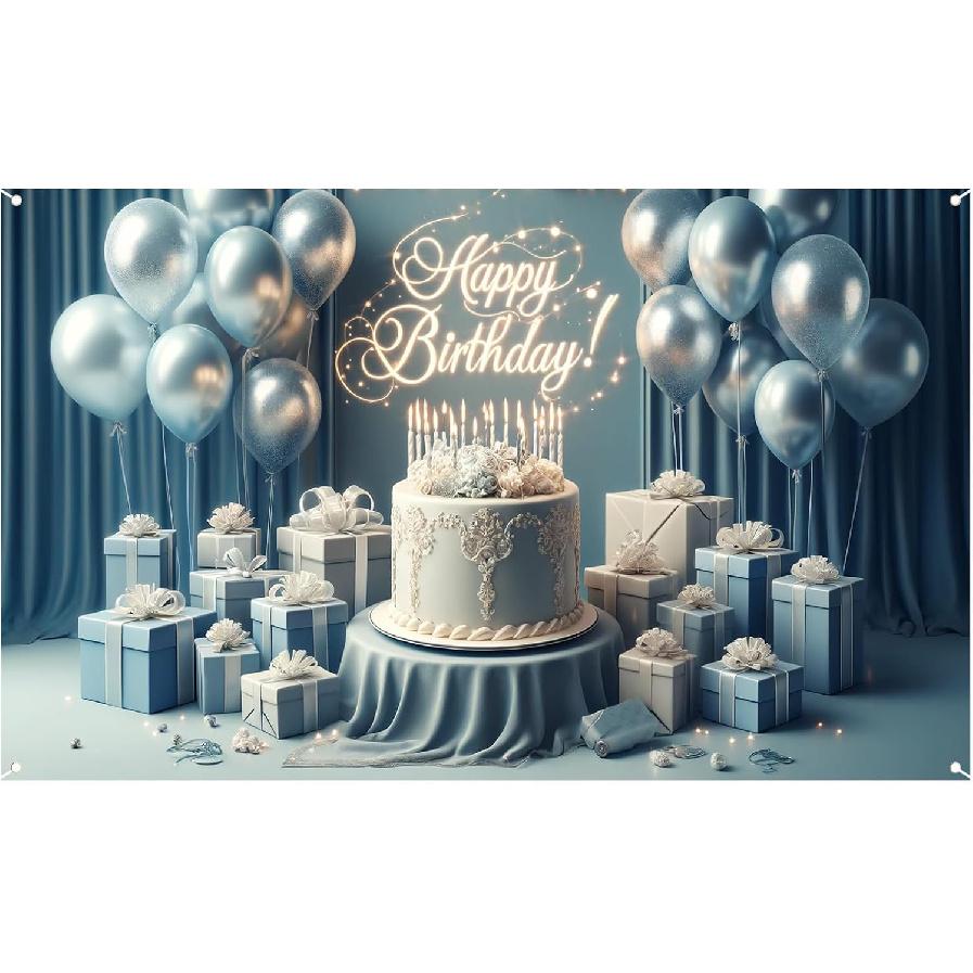 Nuxovilar Happy Birthday Banner Blue Gold Balloons String Lights Polyester Backdrop 43x70.86 Inches - Large Party Birthday Decorations for Photo