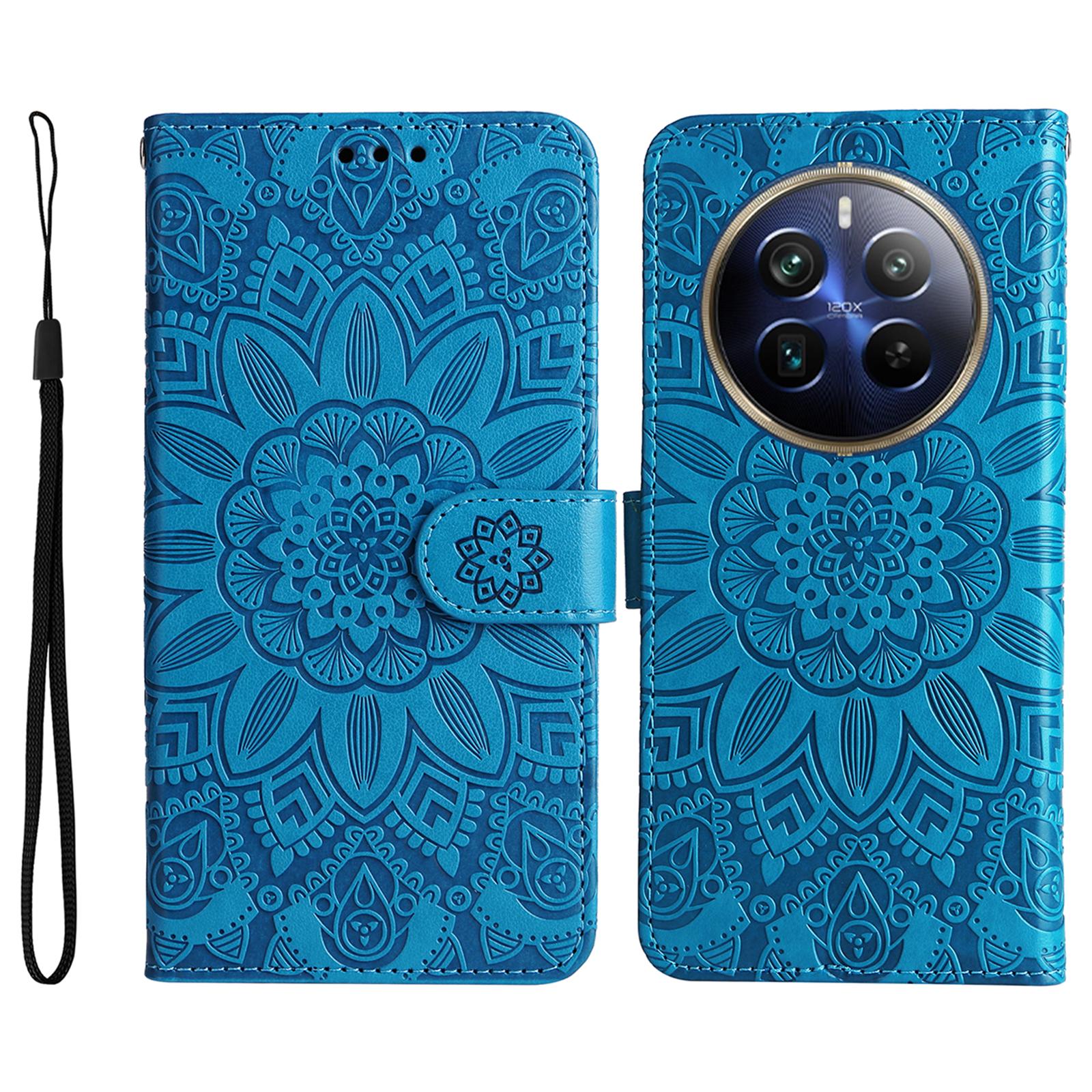 

For Realme 12 Pro 5G/12 Pro+ 5G Leather Case Imprinted Sunflower Flip Folio Wallet Phone Cover Blue