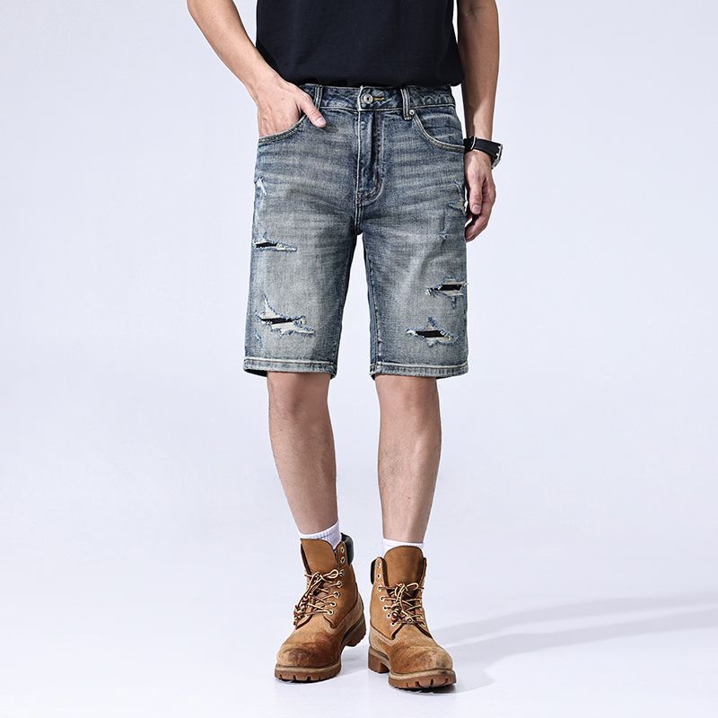 

New Summer Thin Denim Trousers American Scraped Ripped Straight Shorts Medium Pants 38