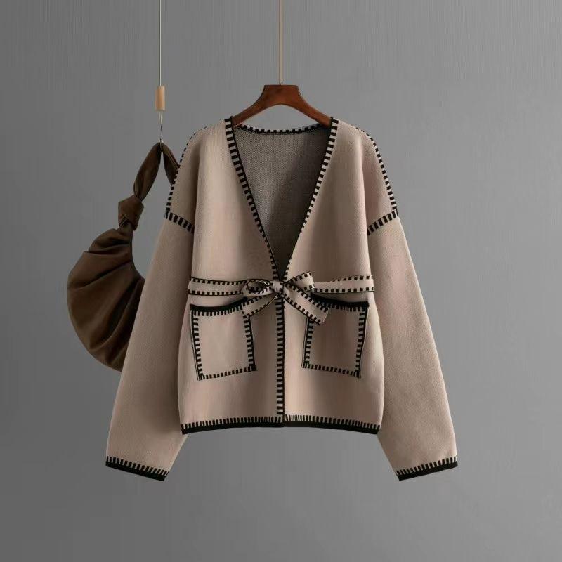 

Fashion Wind Autumn and Winter Knitting Cardigan Shoelace Pocket Loose Casual Sweater Tie up Knitted Sweater Khaki All yards