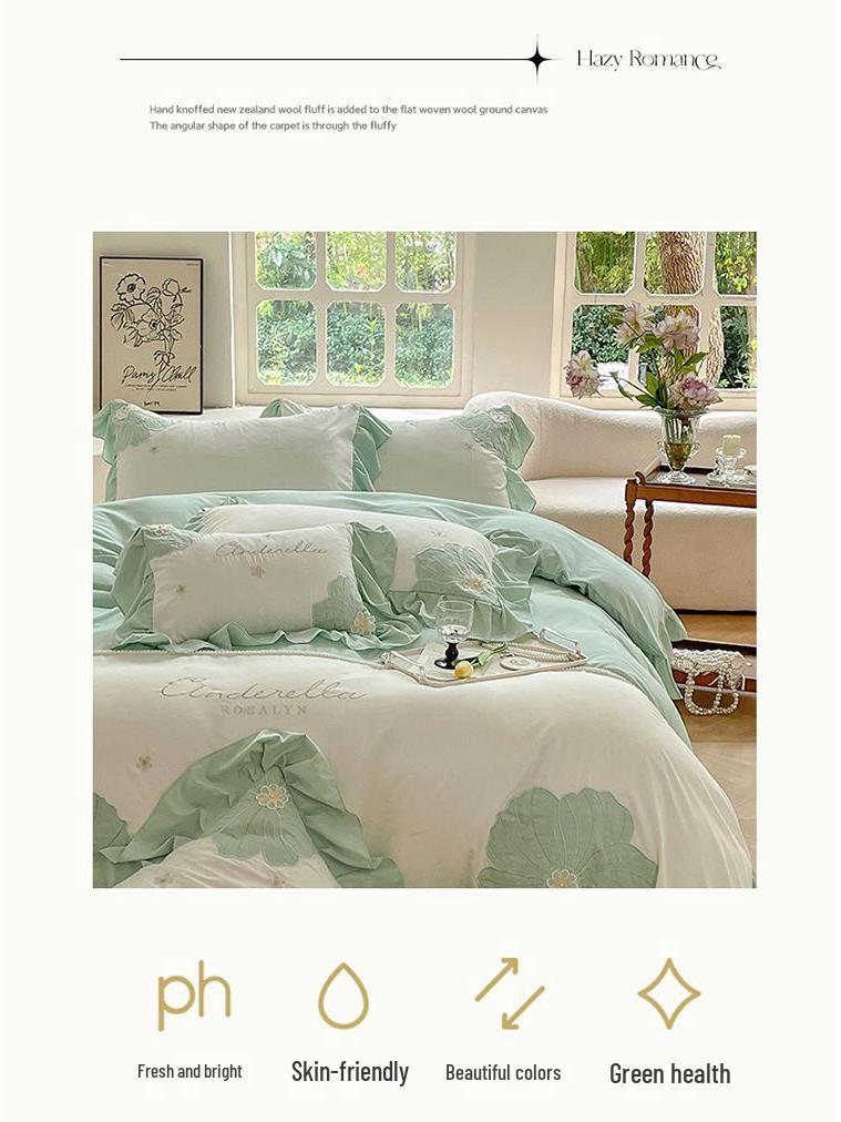 G5Z Koreanisches Prinzessinnen-Sonnenblumen-Stickbettwäsche-Set - Große Bettbezug & Spannbettlaken, Mädchenhaftes Vierteiliges Set