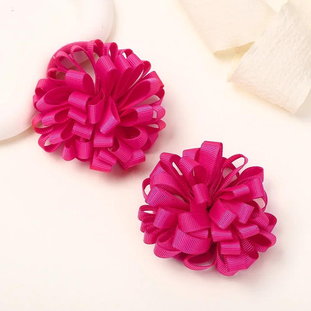 2pcs/set 2.76'' Elastics Ribbon Flower Ball Hair Band for Girls Princess Big Grosgrain Hairrope Pretty Hair Tie Accessories Gift