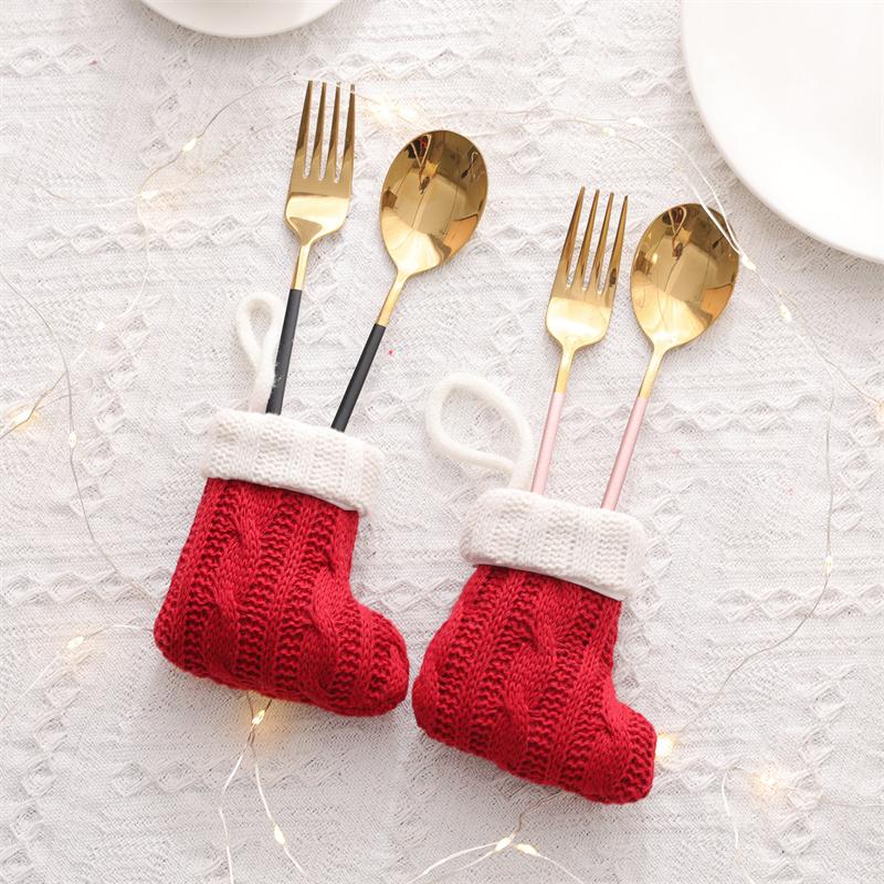 3/5pcs Red Green Christmas Knit Socks Xmas Candy Case Christmas Cutlery Cover Christmas Tree Pendant Latest Year Home Table Ornament