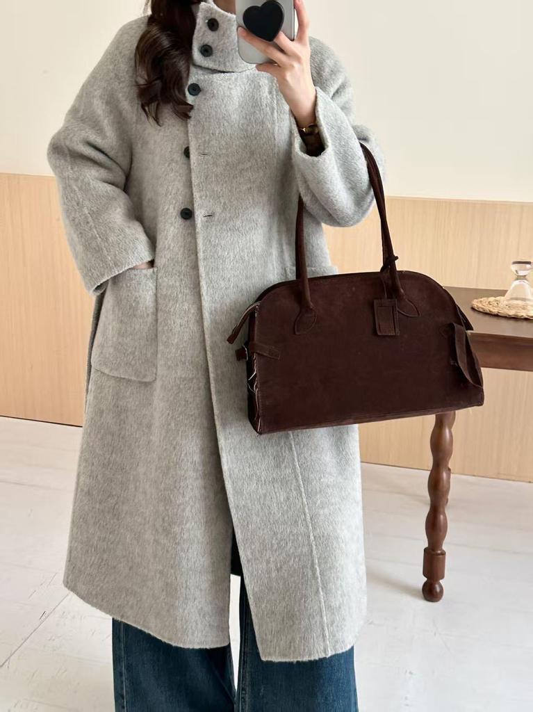 Purple Alpaca Double-Sided Cashmere Coat, Stand Collar, Knee-Length, Tie-Waist, Loose Fit, Korean Style for Autumn/Winter 2025.