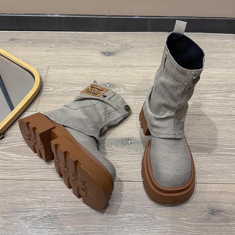 

Ретро ботинки Мартин на толстой подошве с круглым носком женские 2025 новые джинсовые брюки ботинки-чулки модные короткие ботинки прилив 40