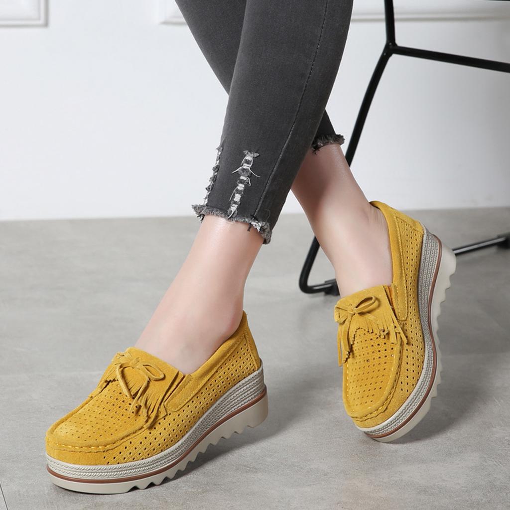 Cow Suede Women's Walking Shoes Fashion Platform Shoes Loafers Height-increased Moccasins Slip-on Mother Shoes