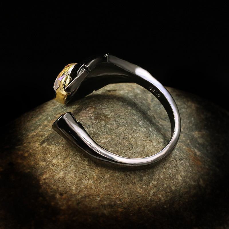 European and American Creative Inlaid with Moonstone Black Gold Branch Ring Retro Thai Silver Dyed Black Leaf Ring