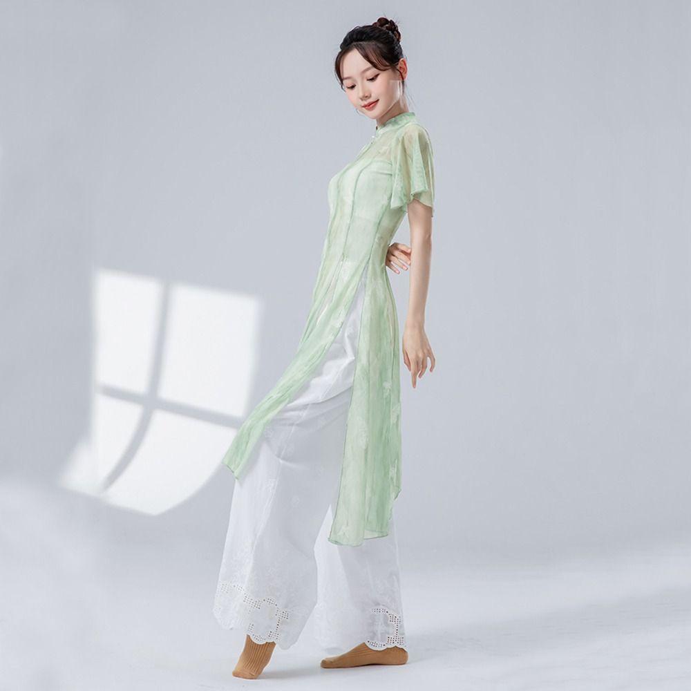 Mode Cheongsam Kragen Klassisches Tanzoberteil Geschlitzter Saum Langes Hanfu Bluse Schmetterling Elegant Performance Tanzbekleidung Damen