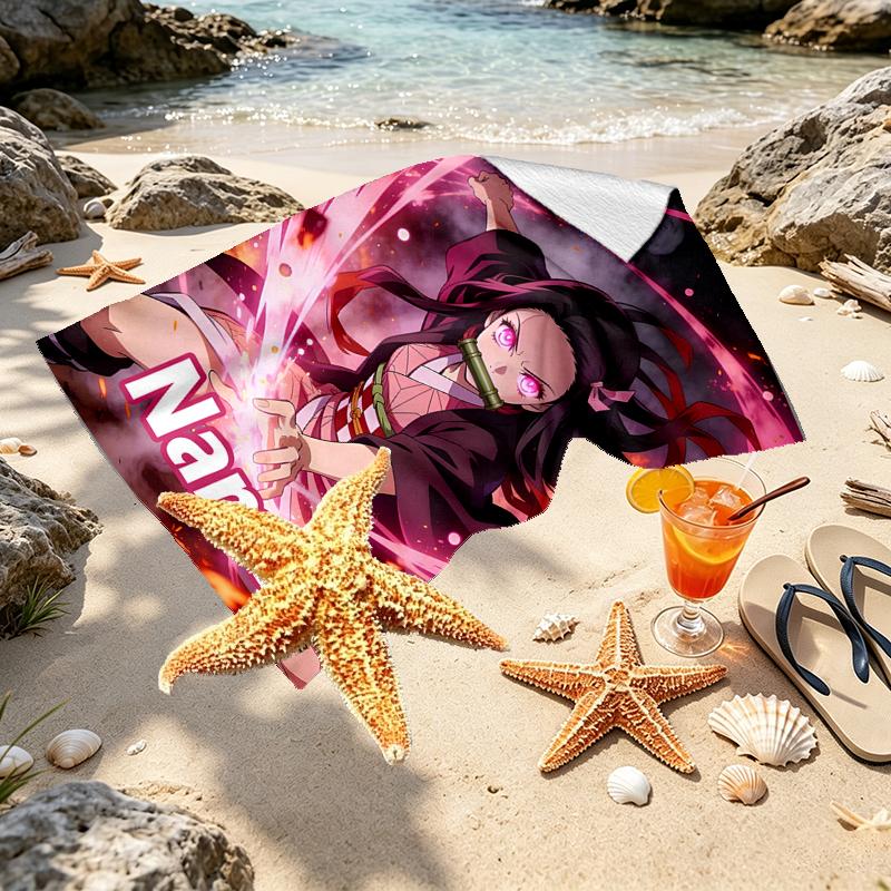 Custom Name Personalized Demon Slayer Print Beach Towel, for Trip Camping Beach Party Home Decor, Birthday Gift for Family & Friends