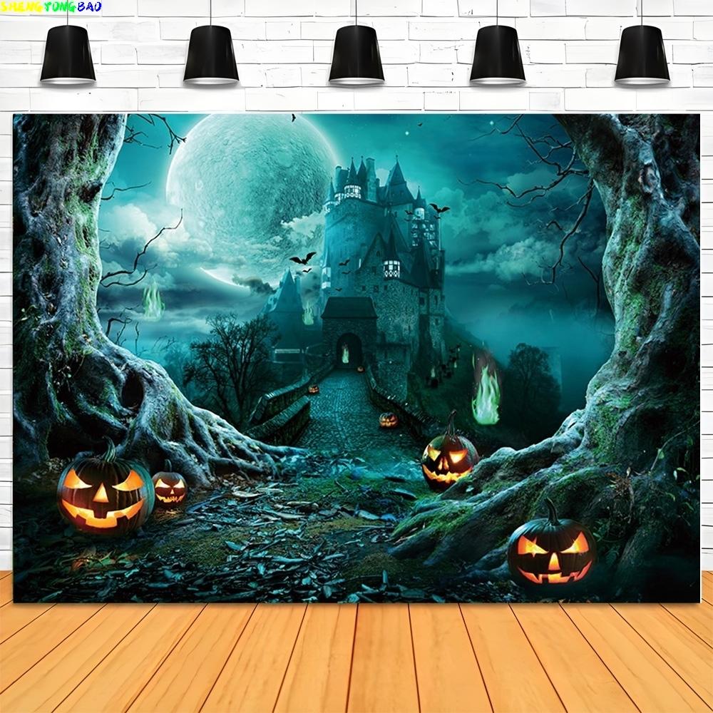 Halloween Backdrop Full Moon Scary Night Castle Trees Pumpkin Lantern Photography Background Kids Adult Family Party Decor WH-01