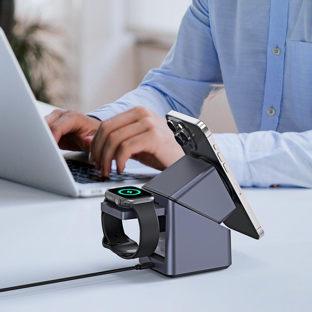 Magnetic 4-in-1 Wireless Charger with Auto-Rotate for Apple Devices, 15W Base