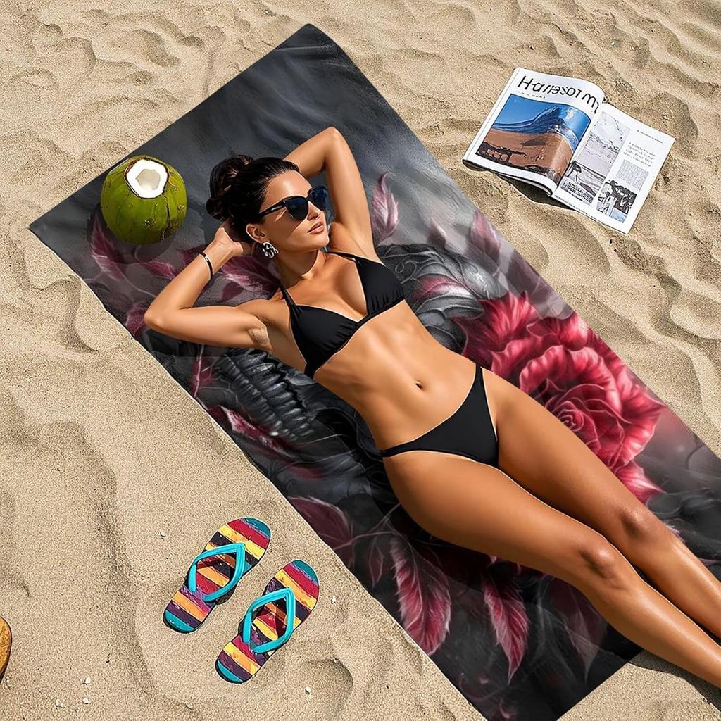 Artistic Gothic Skull Rose Beach Towel, Vintage Floral Quick Dry Absorbent, Large Sand Proof Travel Pool Camping Essentials