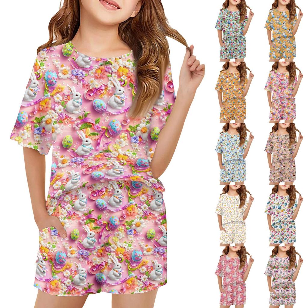 Kid Patriotic Outfit - Short Sleeve & Shorts 2-Piece Set For Girl Easter Day