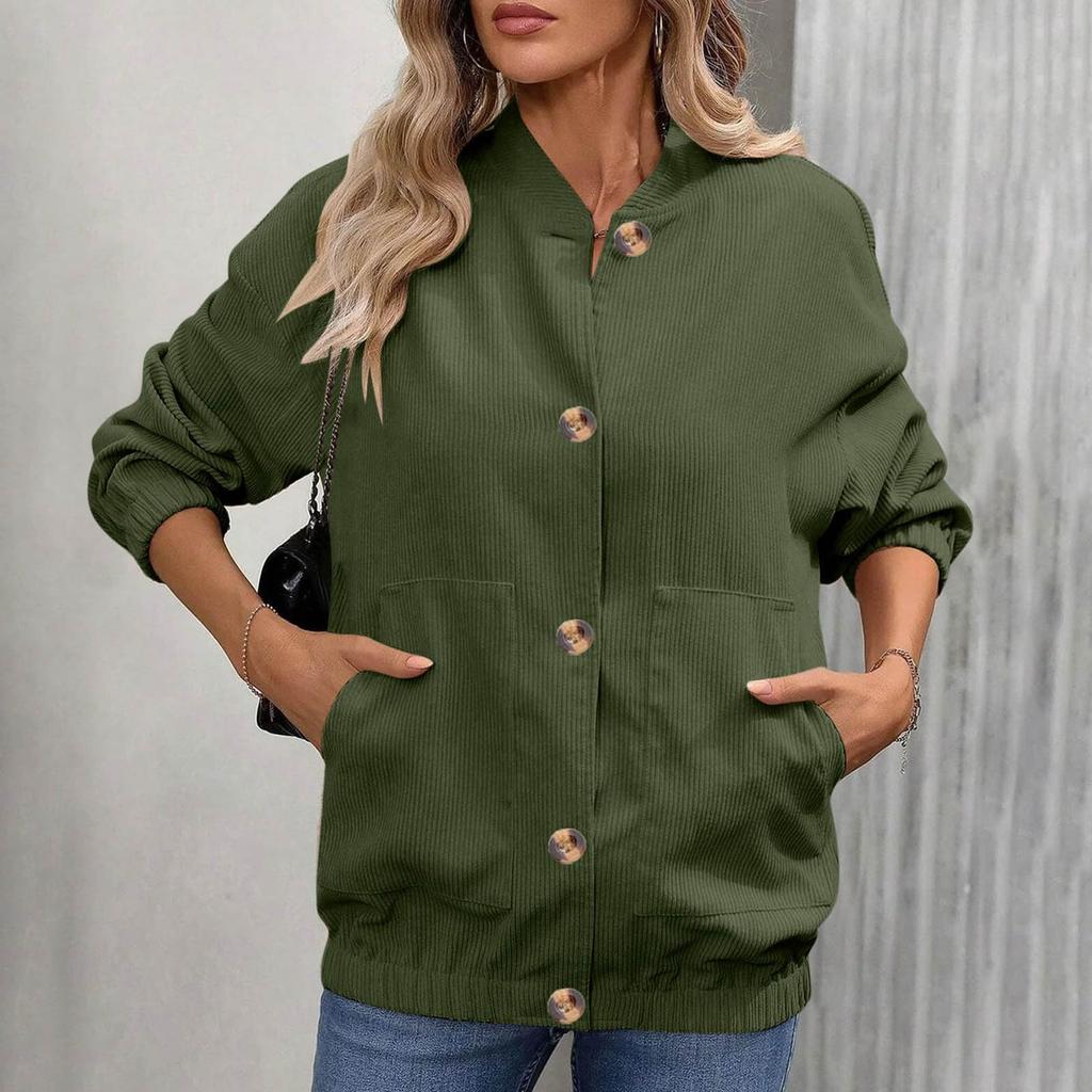 Women's Fashionable Solid Color Long Sleeved Button Jacket With Baseball Stand Up Collar Pocket Casual Jacket