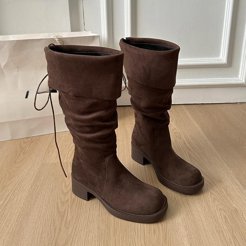 Knee High Boots Women's Fashion Round Toe Suede Sleeve Soft Sole Anti-slip Wear-resistant Block Heel Shoes