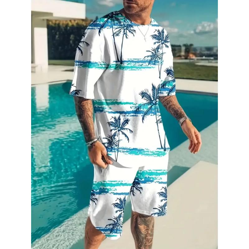 Traje de Moda Estampado 3D de Coco Hawaiano Cuello Redondo para Hombre Casual Diario Manga Corta y Pantalones Cortos Traje de Moda Urbana Harajuku