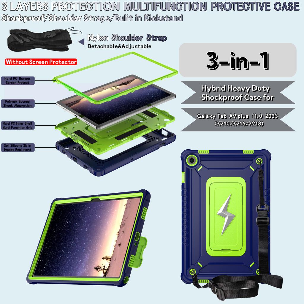 For Samsung Galaxy Tab A9+ Case Kickstand PC + Silicone Tablet Cover with Shoulder Strap