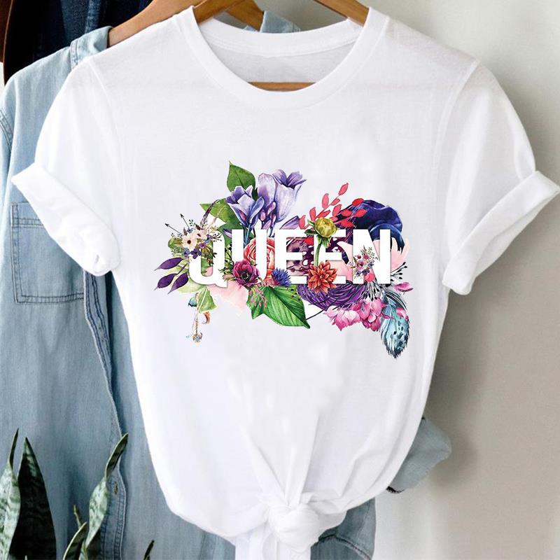 (Asian Size) Printed Clothing Top Fashion feather flower 90s Short Sleeve T-shirts Women Graphic Tee Lady Female Casual T Shirt Tees
