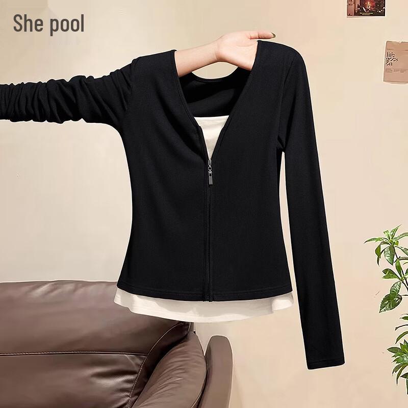 Women s Colorblock Spliced Fake Two-Piece Base Layer Top M