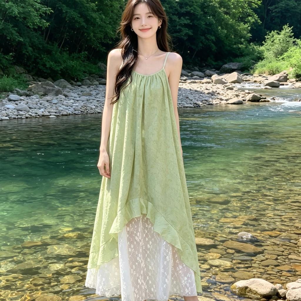 French fresh green lace floral splicing suspender dress women's summer temperament seaside vacation irregular long dress