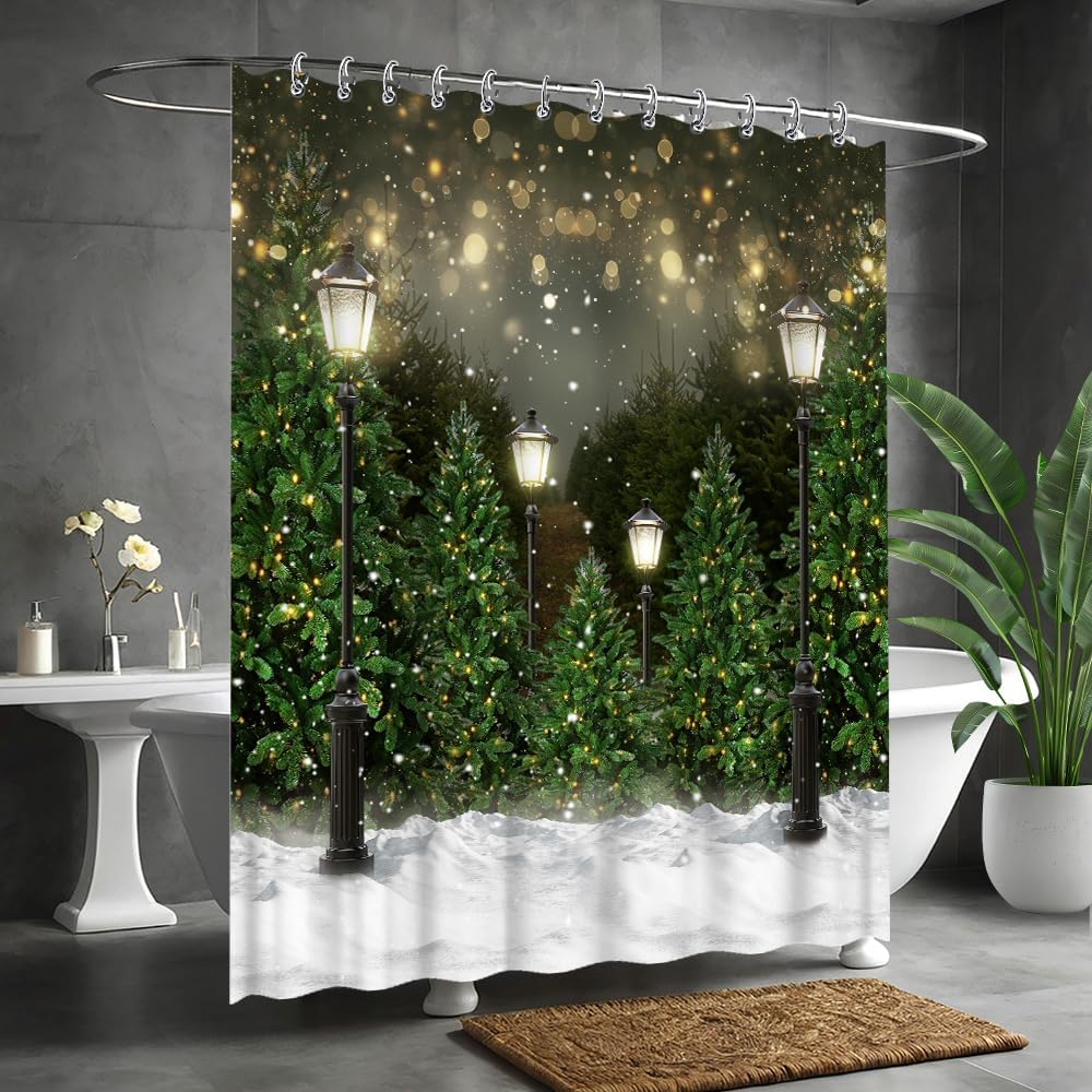 Christmas Winter Snowflake Pine Tree Shower Curtain Snow Street Lamps Bokeh Santa Party Decorations Waterproof Fabric Bathroom