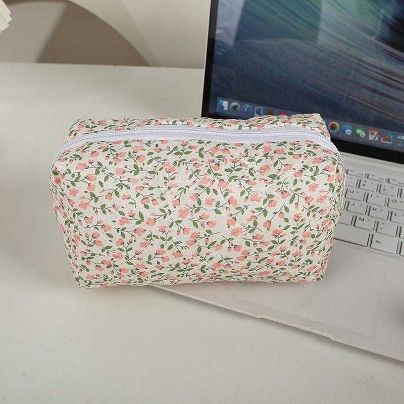 Floral Cotton Fabric Makeup Bag With Zipper Storage For Women And Teens