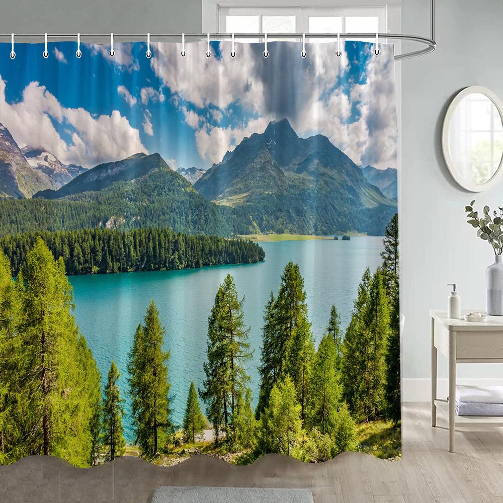 Natürliche Rustikale Landschaft Duschvorhänge See Berg Bäume Blumen Pflanze Badevorhang Für Badezimmer Dekoration Polyester Stoff Set