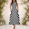 Women Plus Size Round Neck Sleeveless Black White Geometric Printed A Line Long Dress With Side Pockets