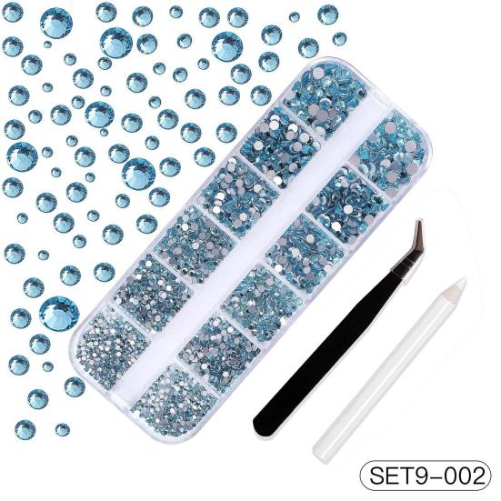 1 Set 12 Grids Nail Art Rhinestone Kit with Storage Box Drill Pen Tweezers Glass Flatback Rhinestone DIY Nail Design Crafting Decoration Fake Gems