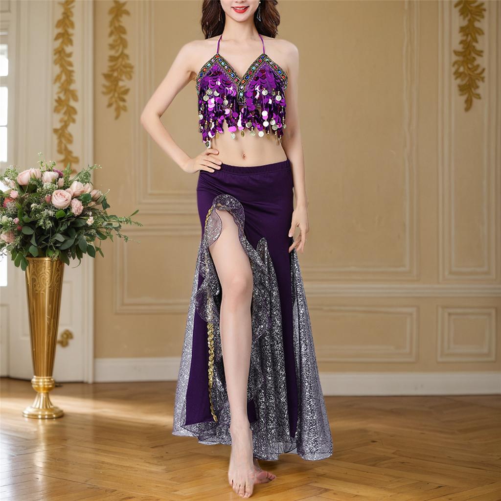 Dynamic Movement Belly Dance Outfit Glittering  Fringe Design Stage Show Ensemble Breathable Mesh Professional Wear