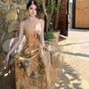 backless French temperament retro floral mesh tube top neck dress women's 2026 summer seaside vacation skirt
