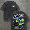 Artystyczna Koszulka z Nadrukiem Gwieździsta Noc Męska Retro Spierana Bawełna Krótki Rękaw Okrągły Dekolt Graficzny Top Unisex Streetwear