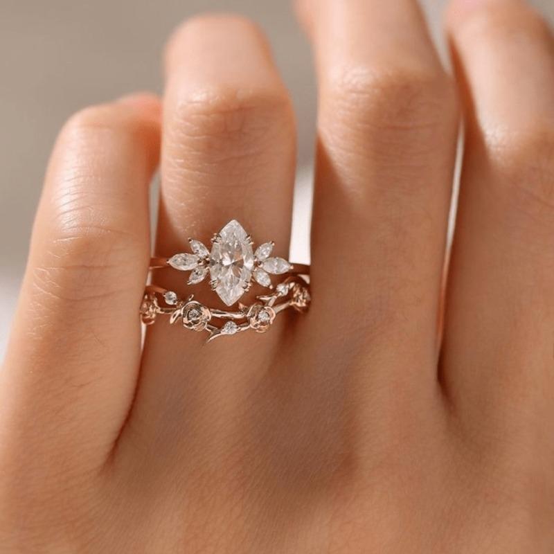 Exquisite Sparkling Droplet Shaped Inlaid Zircon Leaf Flower Ring, Suitable for Women's Banquet Party Accessories and Gifts