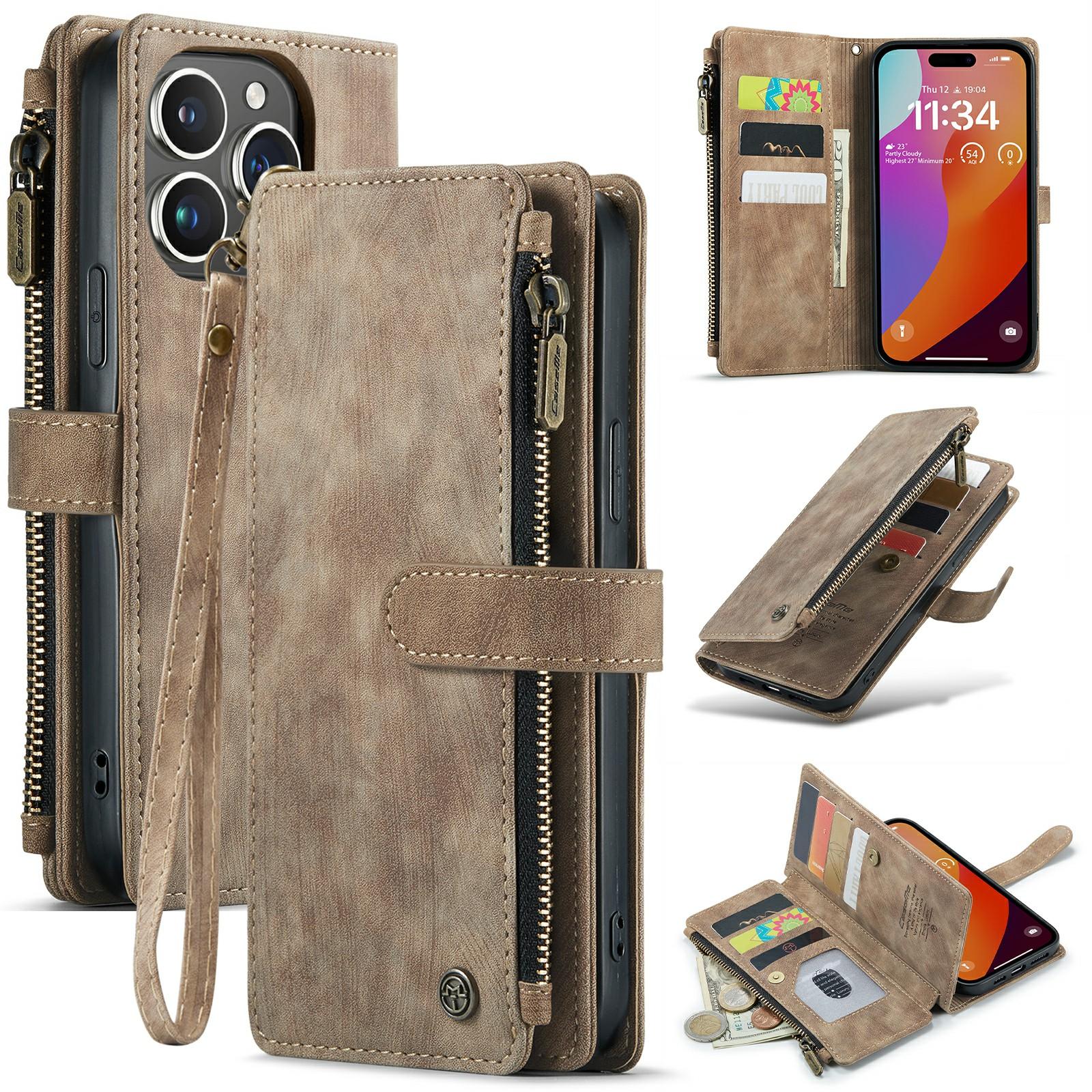 

For iPhone 16 Pro Max Phone Cases with Strap CASEME C30 Zipper Multiple Card Holder PU Leather Cover Brown