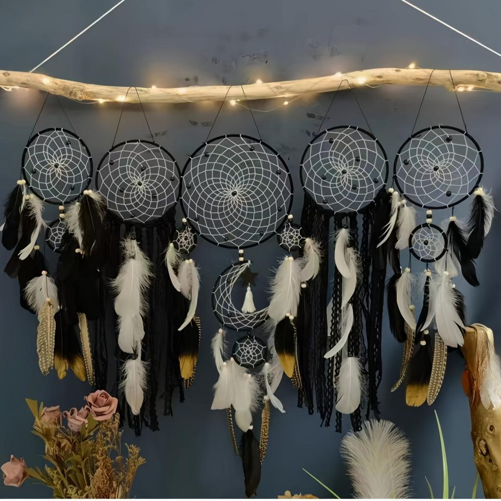 5pcs Boho Handmade Dreamcatcher Set Vintage Home Wall Artificial Imitation Feather Decorative Wall Hanging Bedroom Decorations
