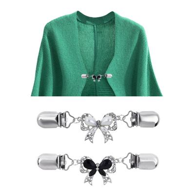 Chic Women Rhinestone Inlaid Bowknot Cardigan Collar Clip Dress Shawl Clasp Pin