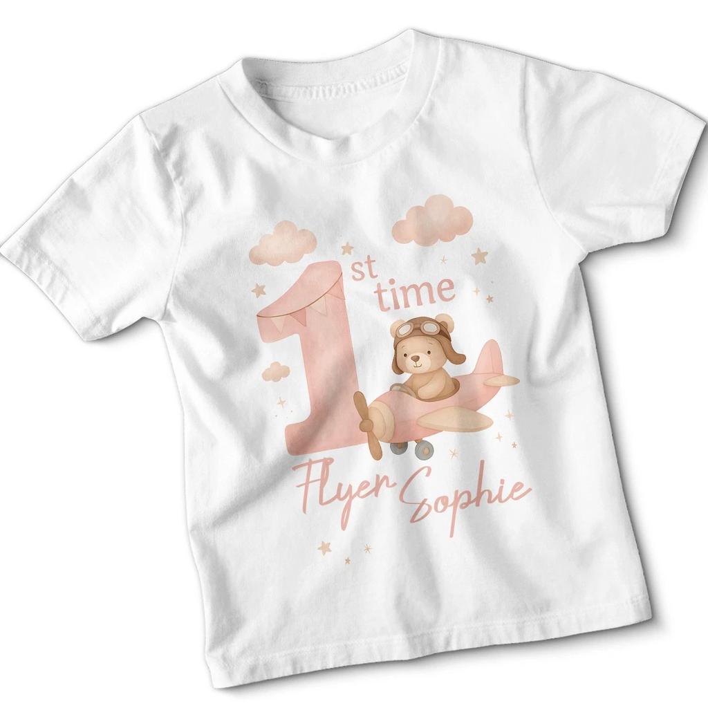 Personalised 1st Time Flyer First Birthday Girls T-Shirt Pilot Bear Airplane