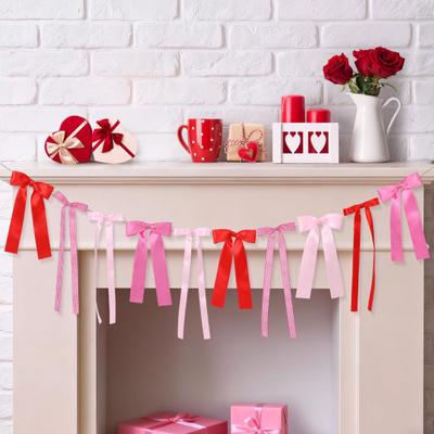 Valentine's Day Bow Garland for Bridal Shower Bachelorette Wedding Engagement Red Pink Ribbon Bow Banner for Mantle Wall Room Decor