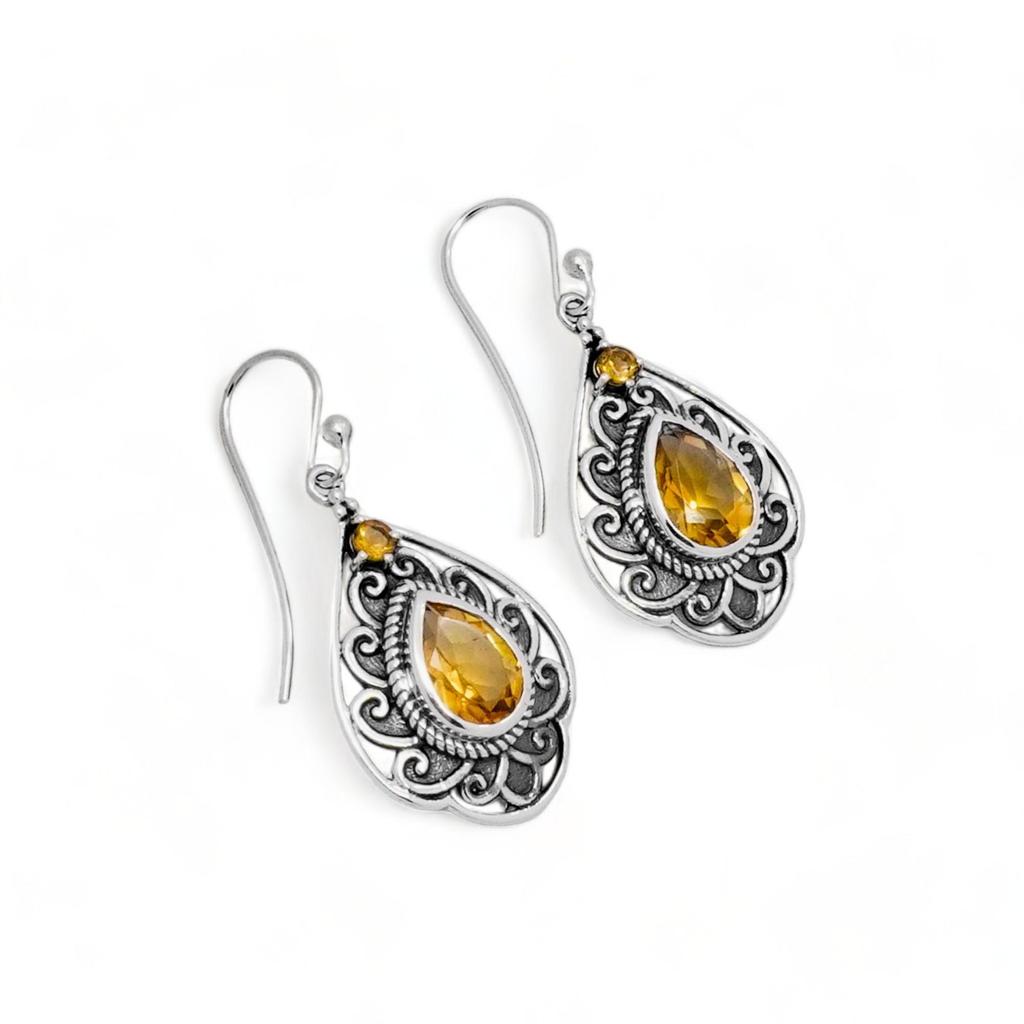 Vintage Sterling Silver Teardrop Citrine Earrings – Handmade Boho Yellow Gemstone Dangle Jewelry for Women