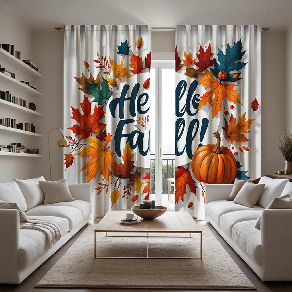 2pcs HD Hello Autumn Pumpkin Maple Leaf Surround Decorative Curtain Yellow Tie Digital Printed Curtain Home Decoration Style